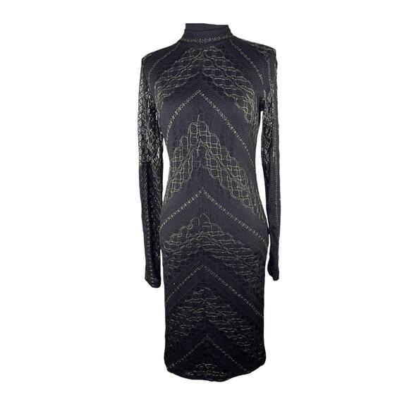 Goth Black Gold Body Con Dress Lined Long Sheer Sleeves Witchy  Sz 4 - Picture 1 of 10